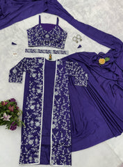 Stunning Chinon Silk Blue Color Saree With Koti