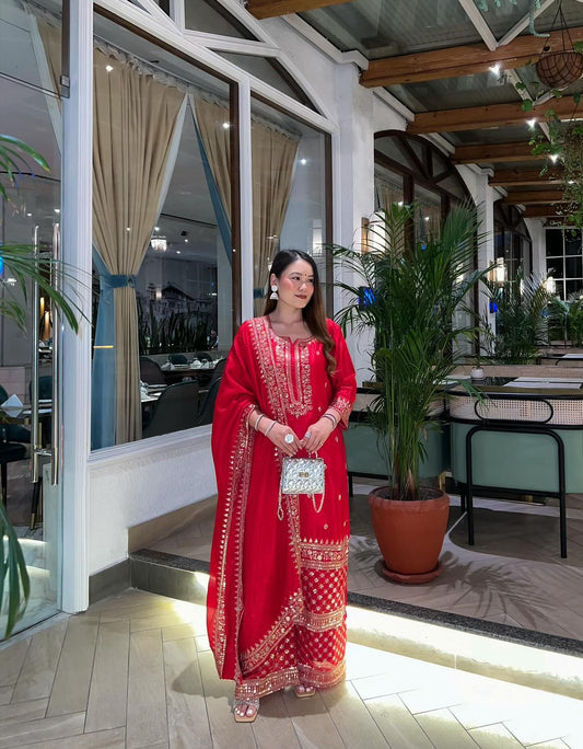 Ravishing Red Chinon Silk Embroidery Sharara Suit