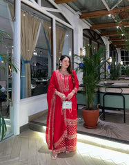Ravishing Red Chinon Silk Embroidery Sharara Suit