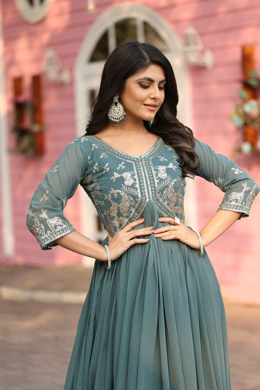 Beautiful Sequence Embroidery Work Silk Rama Color Gown