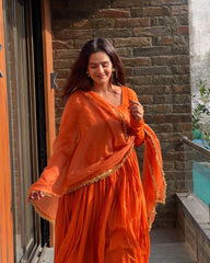 Fabulous Chinnon Silk Orange Color Anarkali Gown