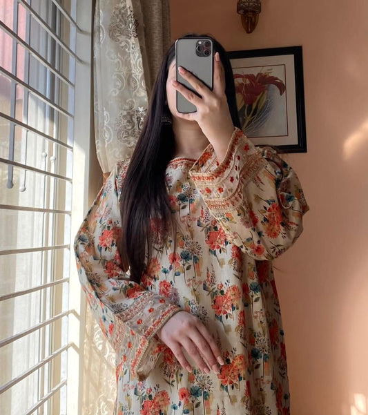 Beige Color Flower Printed Co-ords Set
