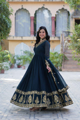 Attractive Georgette Embroidery Work Teal Blue Color Gown