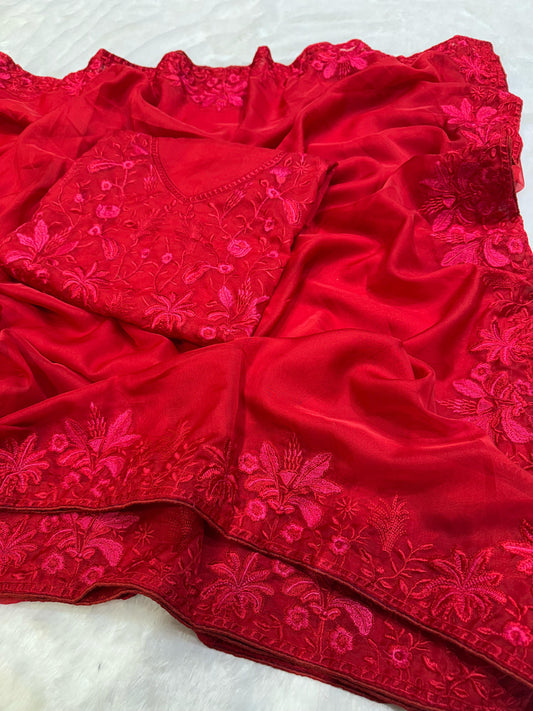 Fancy Organza Embroidery Work Red Color Saree