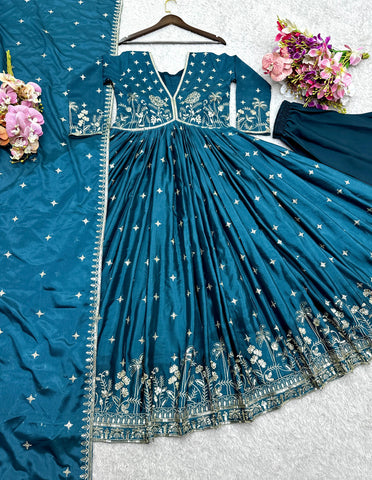 Lovely Teal Green Dola Silk Embroidery Work Gown