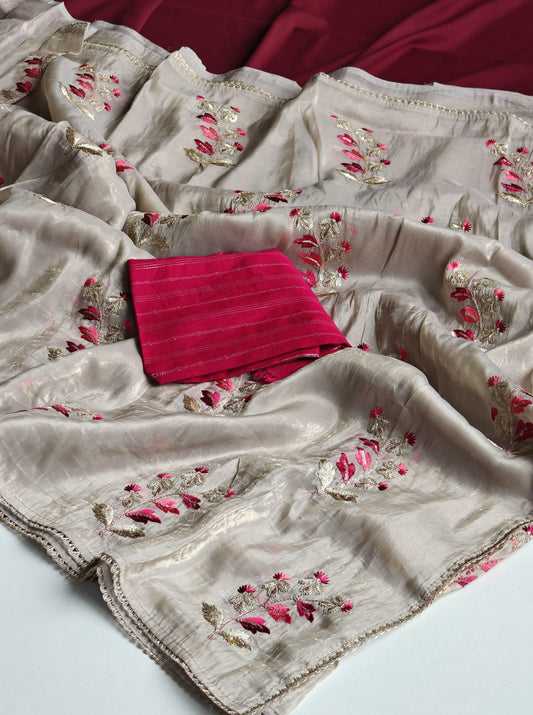 Exclusive Beige Embroidery Work Silk Saree
