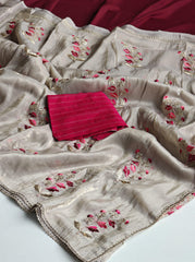 Exclusive Beige Embroidery Work Silk Saree