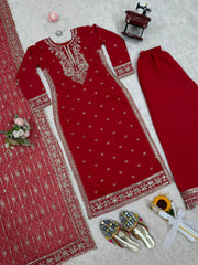 Heavy Work Red Color Roman Silk Salwar Suit