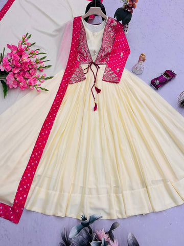 Trendy Pink Silk Embroidery Work Gown