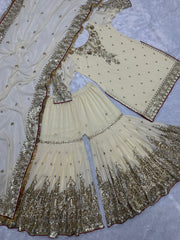 Fantastic Sequins Work White Color Top Sharara With Dupatta