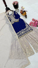 Decent Georgette Teal Blue Color Sharara Suit