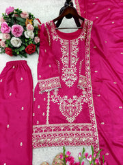 Admiring Pink Chinon Silk Embroidery Work Palazzo Suit