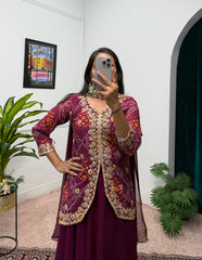 Outstanding Embroidery Work Purple Color Gown Koti With Dupatta