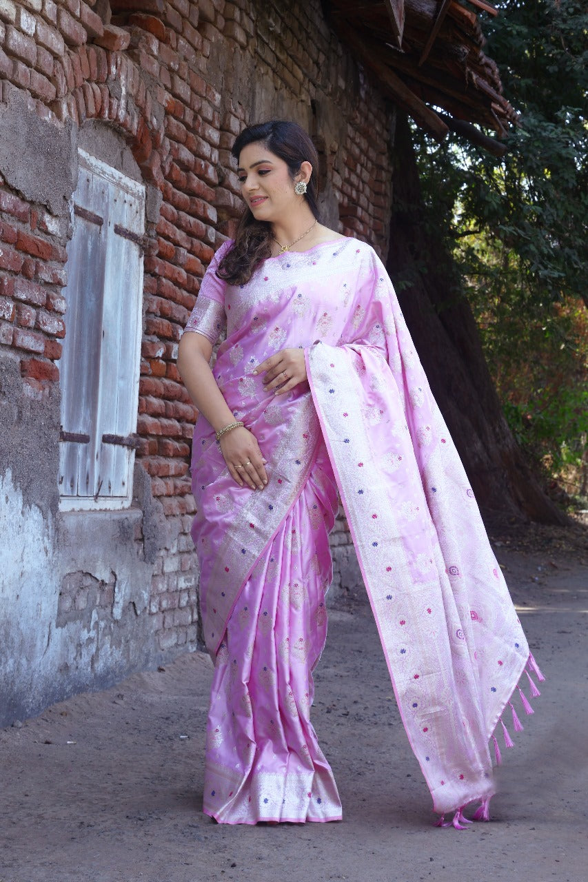 Beautiful Satin Silk Pink Color Designer Saree