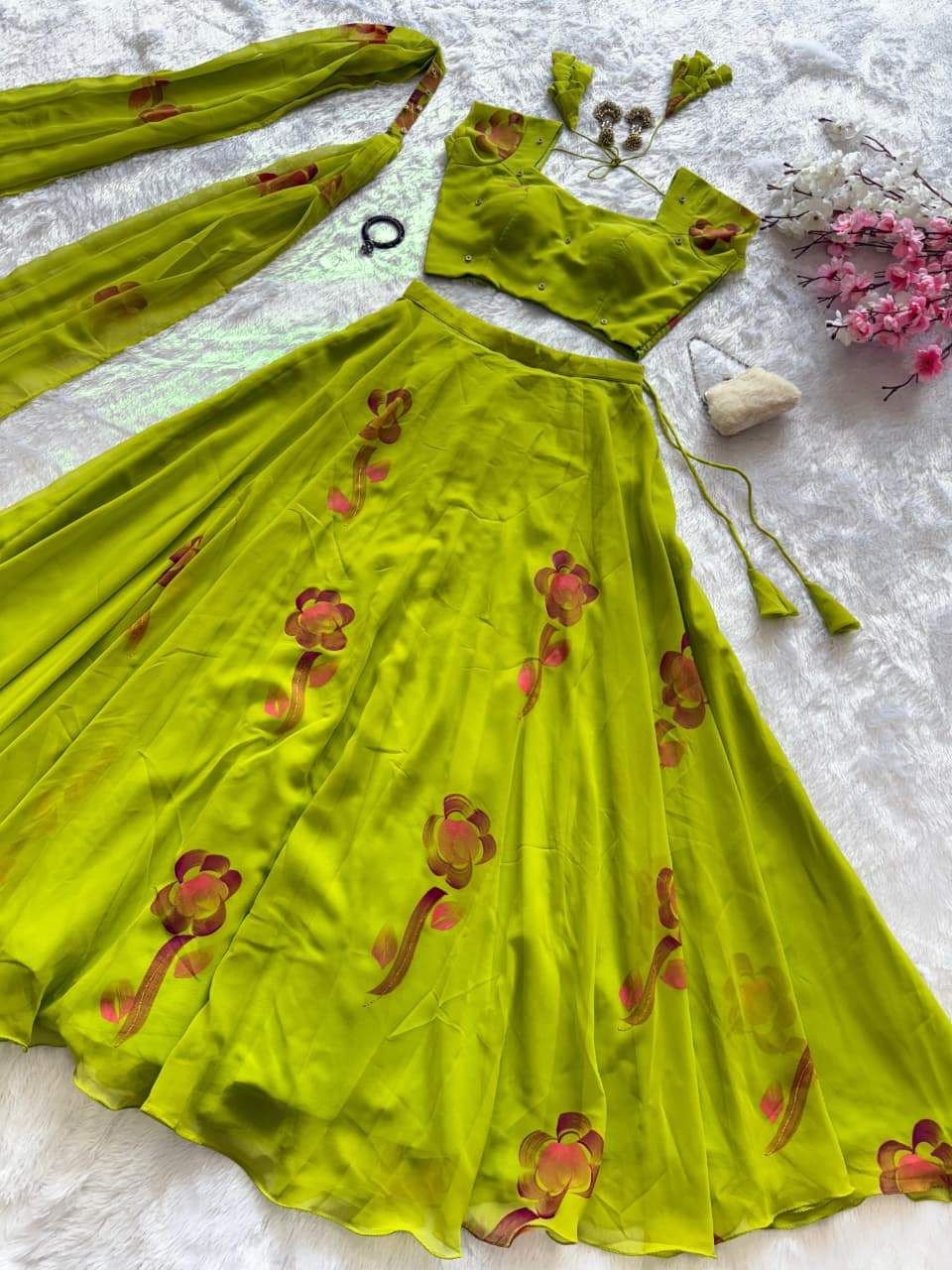 Innovative Green Georgette Hand Painted Lehenga
