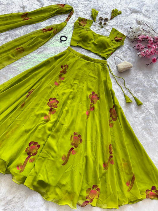 Innovative Green Georgette Hand Painted Lehenga
