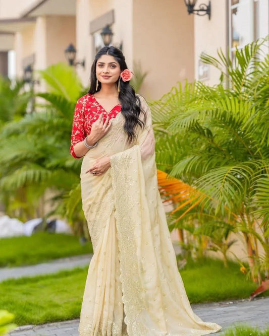 Elegant Banglori Silk Cream Color Designer Saree