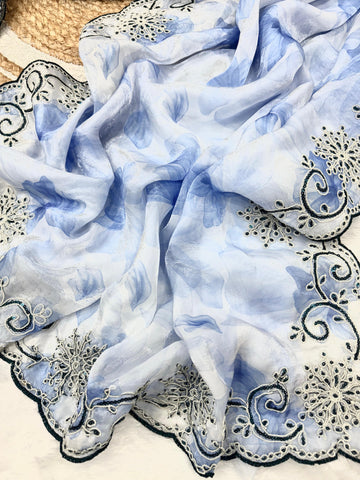 Party Wear Sky Blue Printed Silk Saree