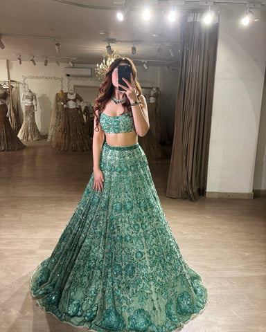 Green Color Embroidered Bridal Lehenga Choli Set