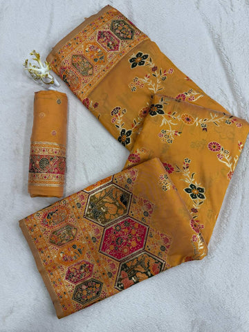 Beautiful Musterd Pashmina Silk Rajwadi Work Saree