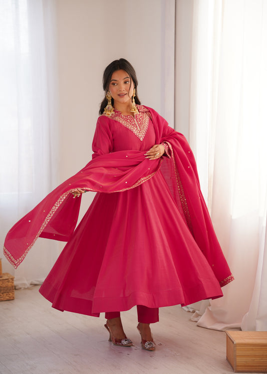 Adorable Pink Roman Shimmer Silk Anarkali Suit