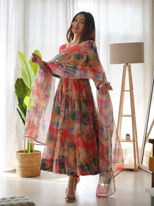 Luxuriant Multi Color Organza Silk Anarkali Suit