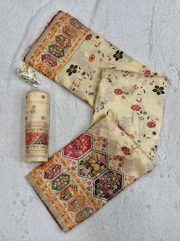 Beautiful Musterd Pashmina Silk Rajwadi Work Saree