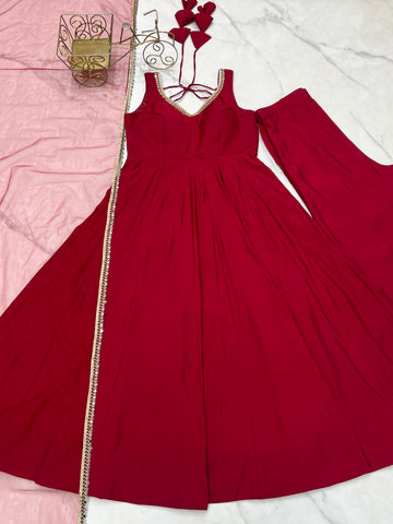 Ravishing Maroon Romansilk Anarkali Work Gown