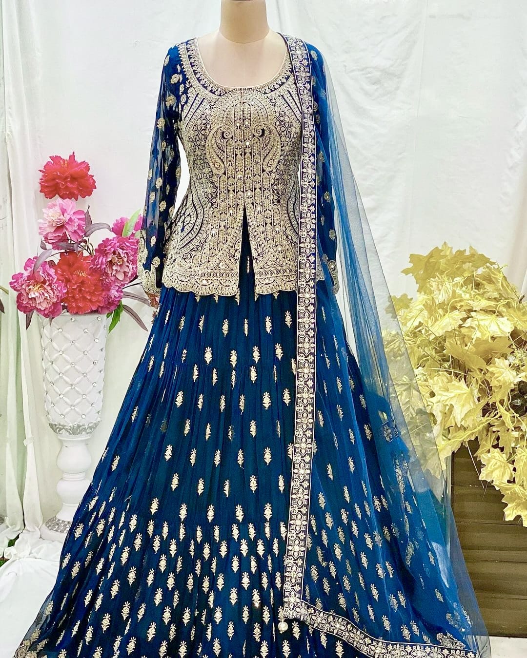 Wonderful Embroidery Sequence Blue Color Top With Lehenga