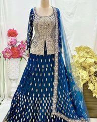 Wonderful Embroidery Sequence Blue Color Top With Lehenga