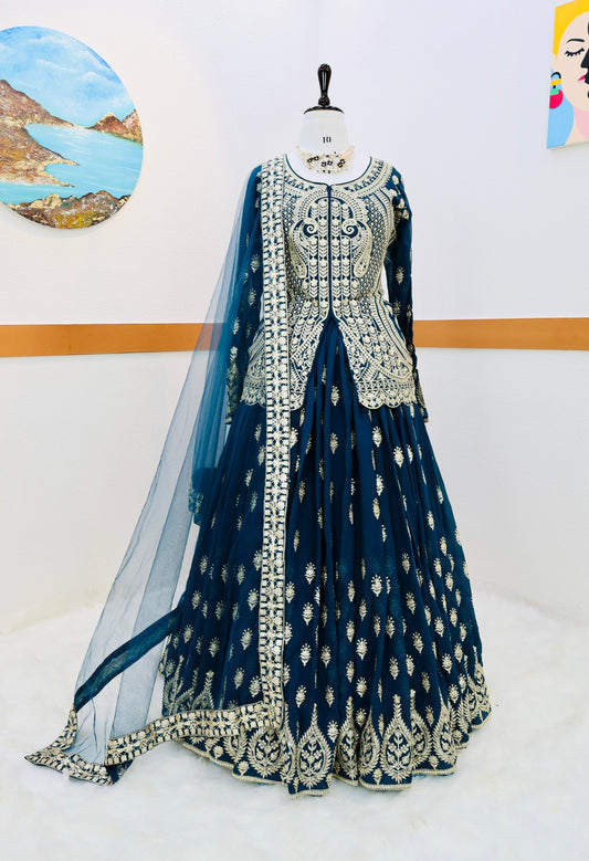 Wonderful Embroidery Sequence Blue Color Top With Lehenga