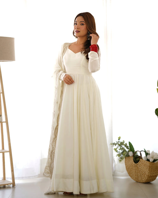 White Color Plain Gown With Work Dupatta