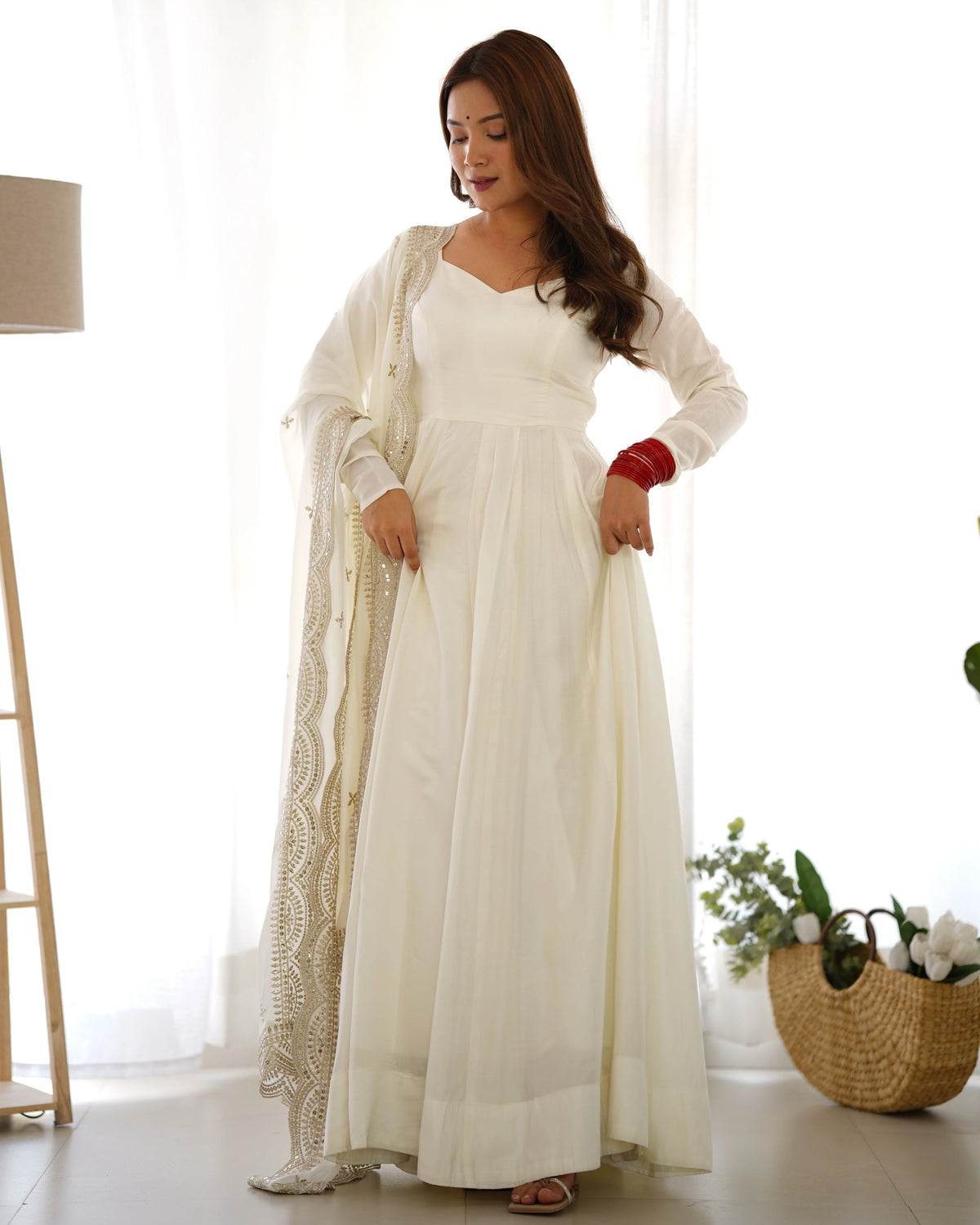 White Color Plain Gown With Work Dupatta