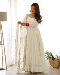 White Color Plain Gown With Work Dupatta