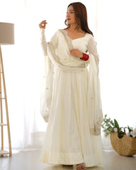 White Color Plain Gown With Work Dupatta