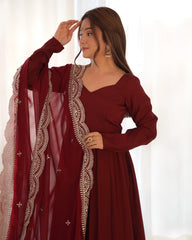 Maroon Color Plain Gown With Work Dupatta