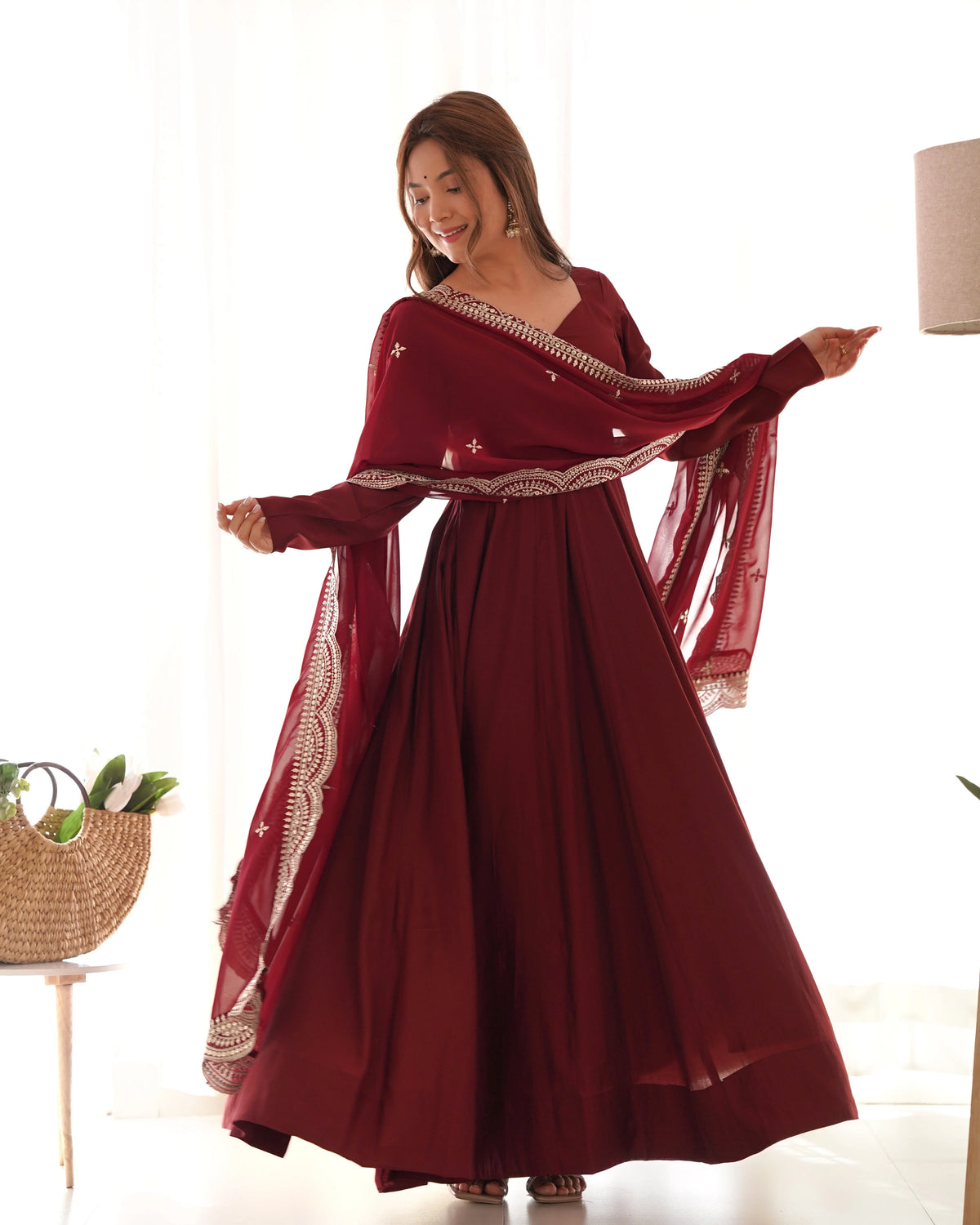 Maroon Color Plain Gown With Work Dupatta