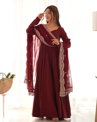 Maroon Color Plain Gown With Work Dupatta