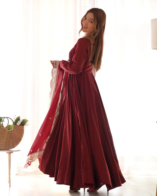 Maroon Color Plain Gown With Work Dupatta