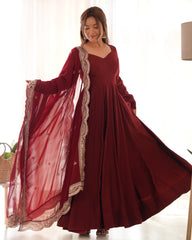 Maroon Color Plain Gown With Work Dupatta