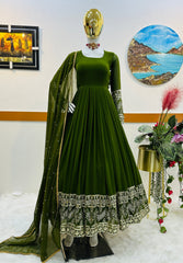 Captivating  Green Color  Embroidery Sequence Long Gown