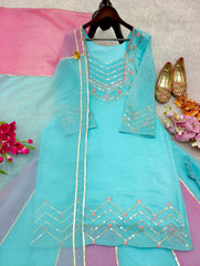 Exclusive Sky Blue Silk Gota Patti Work Sharara Suit