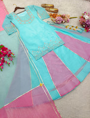 Exclusive Sky Blue Silk Gota Patti Work Sharara Suit