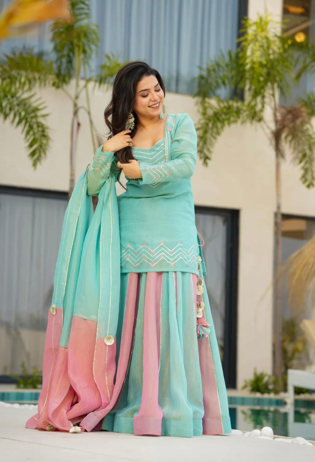Exclusive Sky Blue Silk Gota Patti Work Sharara Suit
