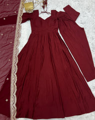 Maroon Color Plain Gown With Work Dupatta