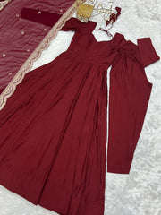 Maroon Color Plain Gown With Work Dupatta