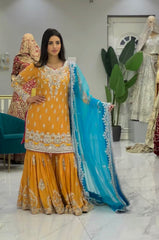 Celebrity Style Yellow Color Georgette Fabri  Embroidery Sequence Work Sharara Suit