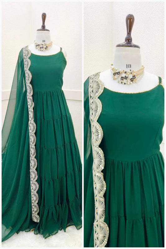 Fashionable Ruffle Style Plain Green Color Long Gown