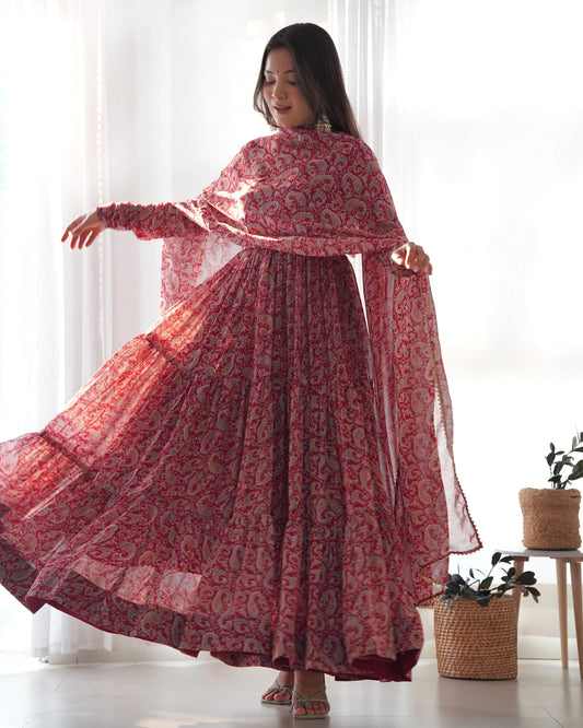 Ruffle Style Printed Maroon Color Gown