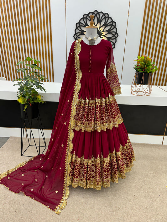 Mesmerizing Embroidery Sequence Work Red Color Top With Lehenga